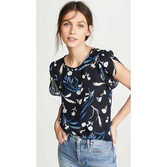 Joie Wira 100% Silk Blue Floral Tulip Sleeve Top Medium - Picture 1 of 10